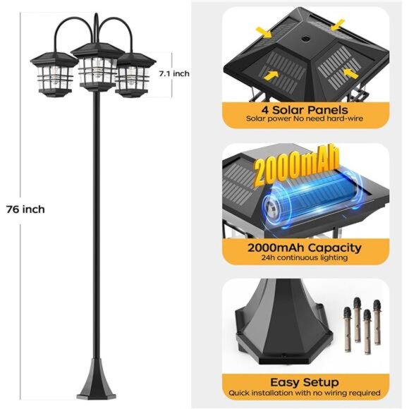 76" Classic Black Solar Lamp Post Lights - 3-Head Waterproof Outdoor Street - Picture 4 of 14